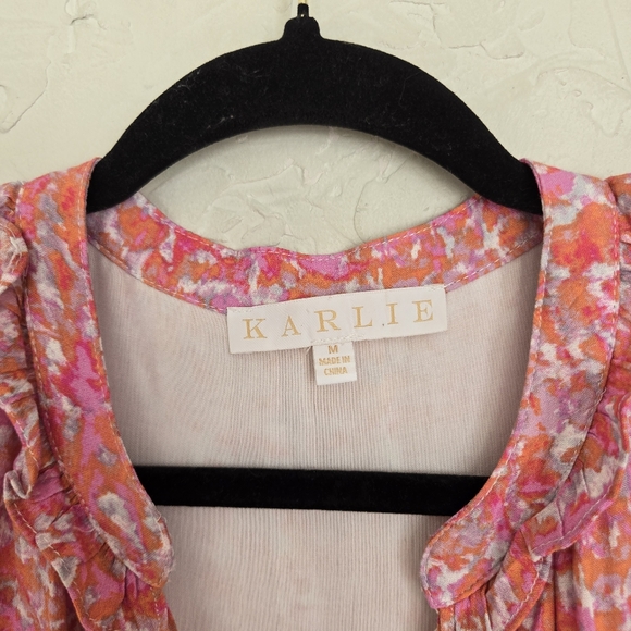 KARLIE Layered Ruffle Hem Puff Sleeve Pink Orange Dress, M - Picture 8 of 10